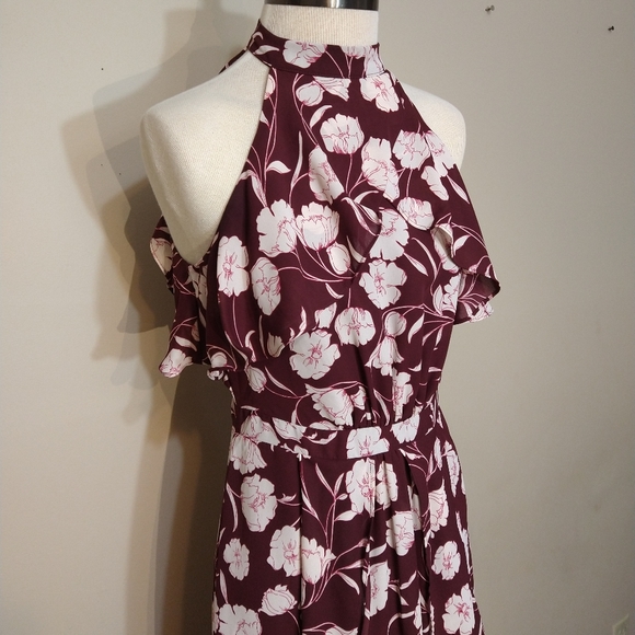 Lauren Conrad Runway Floral Ruffle Burgundy High Neckline Midi Dress 4 - Picture 5 of 12
